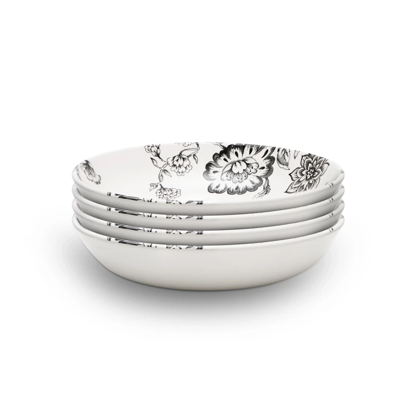 Wade Botanical Night Set of 4 Pasta Bowls with Black Floral Design, Crafted from Earthenware, Made in Stoke-on-Trent, 22.5cm, Black