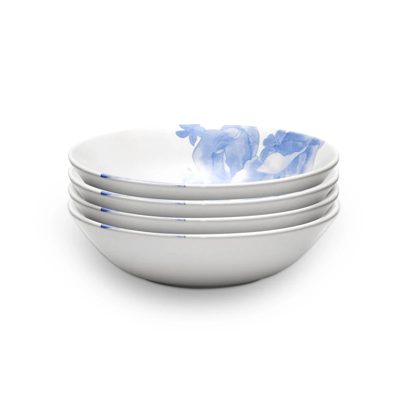 Wade Blue Floral Set of 4 Cereal Bowls with Pale Blue & White Floral Pattern, Crafted from Earthenware, Made in Stoke-on-Trent, 19cm, Blue