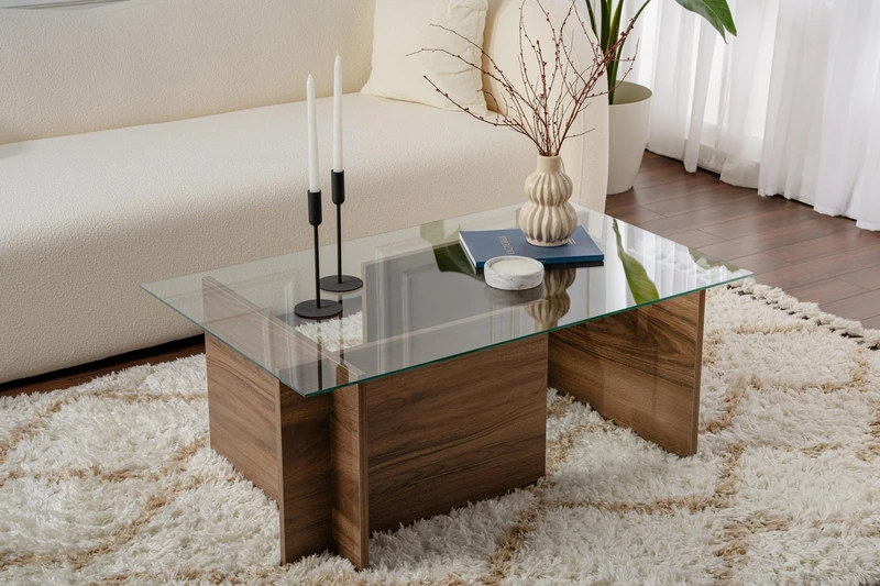 Hanah Home Elegant Walnut Coffee Table, 105 x 65 x 40 cm, 100% Tempered Glass Top, 100% Melamine Coated Particle Board, 18 mm Thick, Stylish & Durable Design