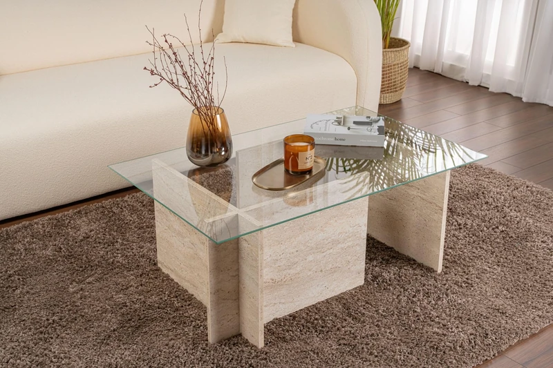 Hanah Home Elegant Coffee Table, Travertine Colour, 105 x 65 x 40 cm, 100% Tempered Glass & Melamine Coated Particle Board, 18 mm Thick, Stylish Marble Design for Modern Living Spaces