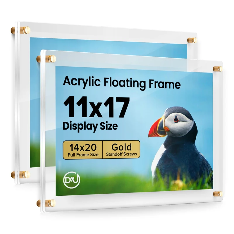 Acrylic Floating Frames Gold Standoffs (2-pack) 11" x 17" Clear Acrylic Frames for Wall Mount Floating Picture Frame, Diploma Poster Certificate Hanging Photo Display Degree Prints Artwork Documents