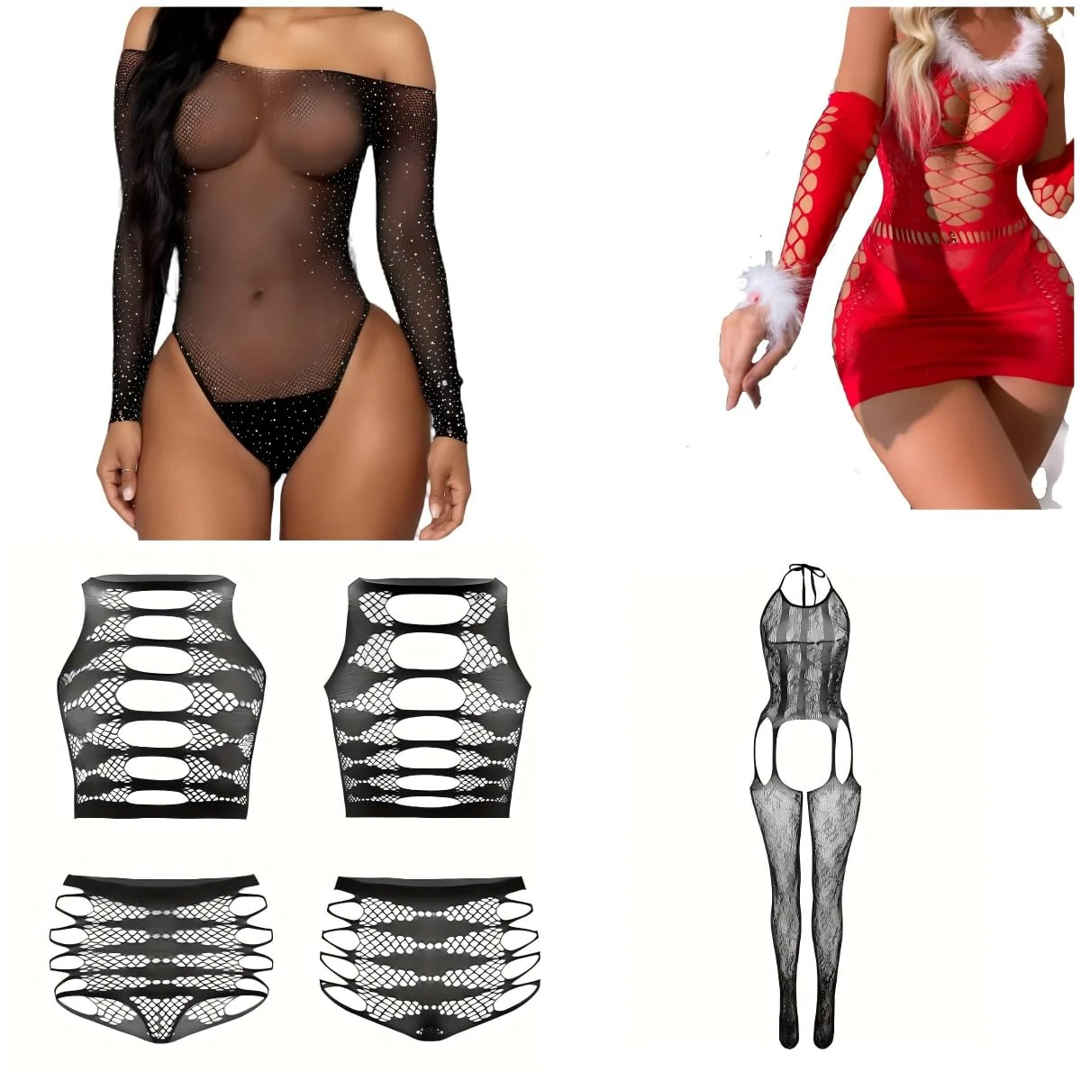 4 - Piece Set of Sexy Fishnet Lingerie for Women Fishnet Bodysuit Lace Bodysuits Sexy Babydoll Nightwear