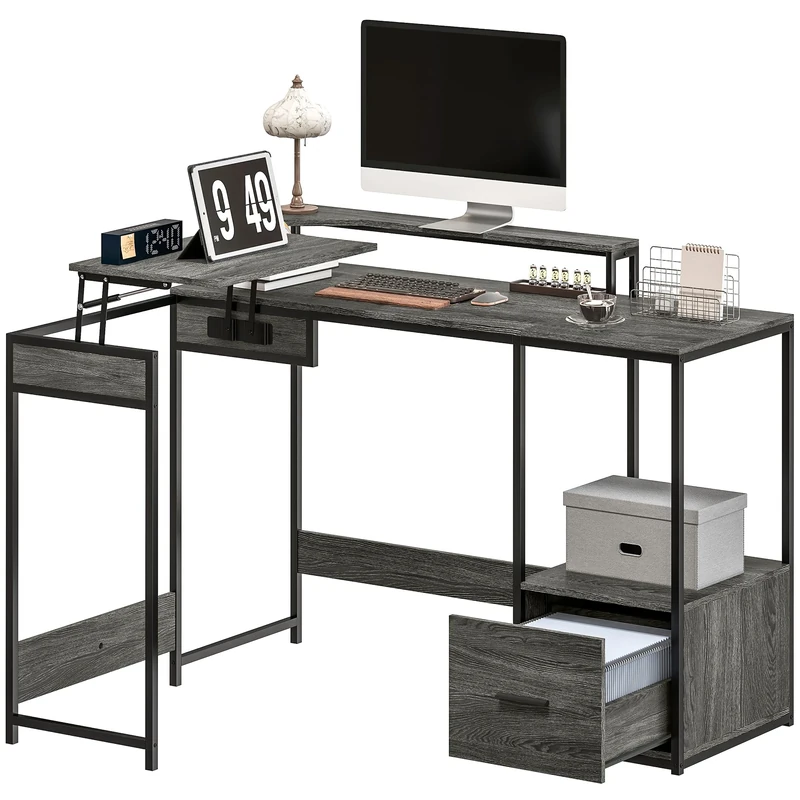 HOMCOM L Shaped Desk, Industrial Computer Desk with Liftable Desktop, Drawer for A4/Letter Size and Monitor Stand for Home Office, Charcoal Grey