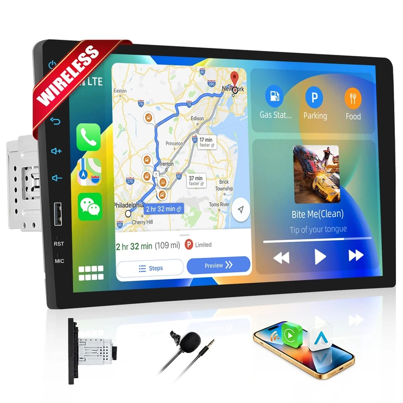 CAMECHO 9 inch Single Din Touch Screen Car Stereo Bluetooth with Wireless CarPlay/Android Auto MP5 Player, Mirror Link, Steering Wheel Control, 7-Color Backlight, External Mic & Rear Camera