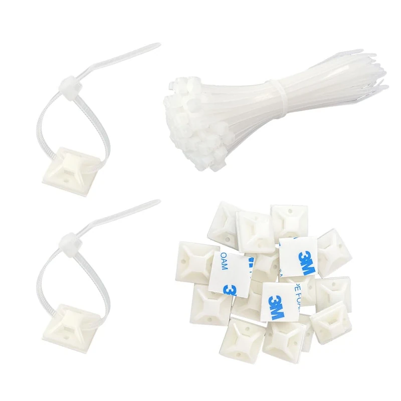 Small Adhesive Base Cable Clamp Self-Adhesive 20 x 20 mm and Cable Ties 150 mm Each Pack of 100 White Cable Clamp Mounting Mounting Base Bracket for Home and Office Cable Management