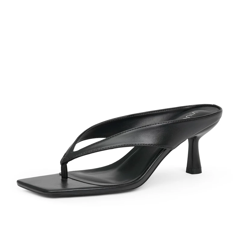 VIUGJNEX Women’s Kitten Heels Flip Flops Slip On Open Toe Low Heels Thong Square Slide Summer Fashion Party Heeled Dressy Sandals for Women, Black, 5 UK