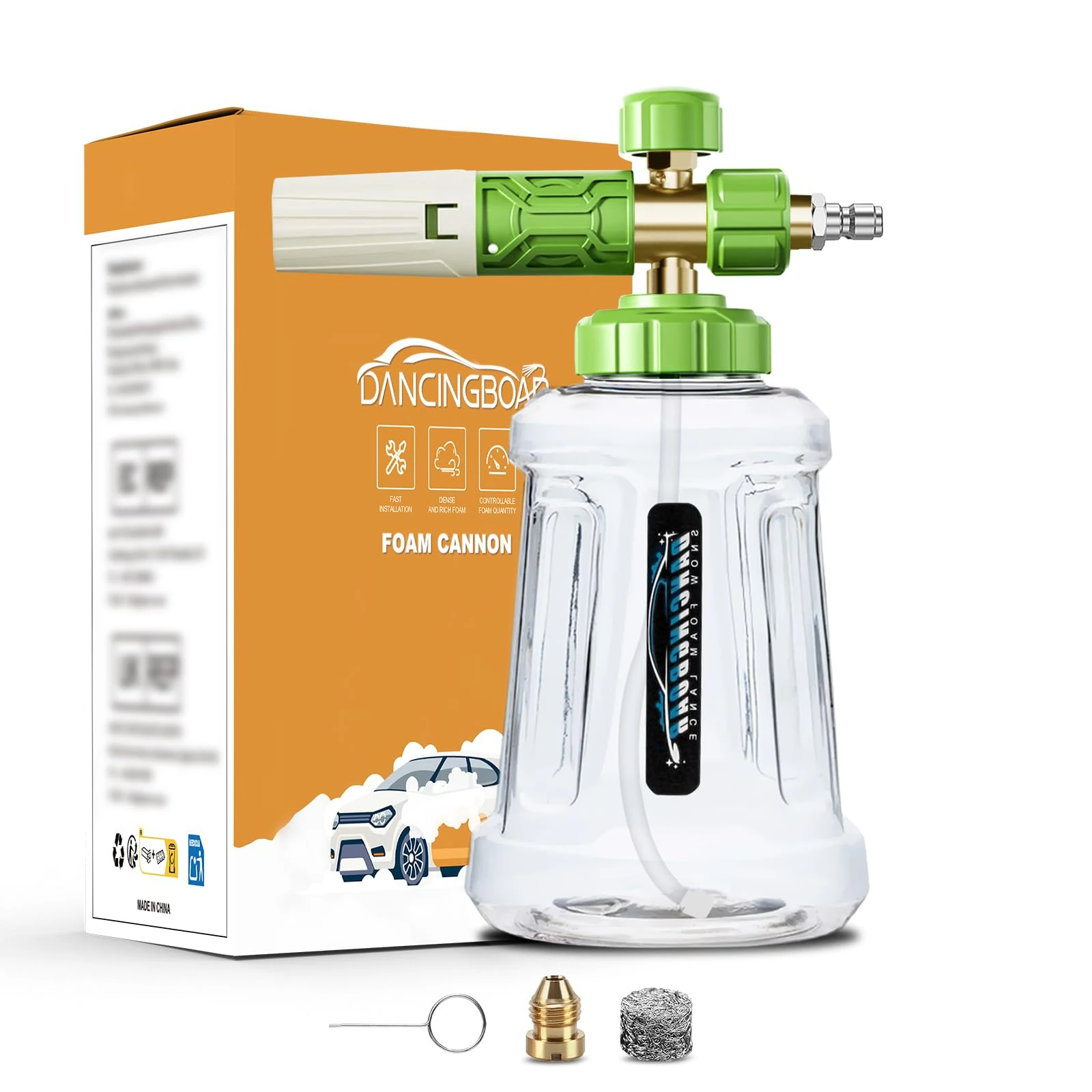 DANCINGBOAR Foam Cannon Compatible with 1/4 Quick Connect Pressure Washer, 1L Adjustable Snow Foam Lance Soap Dispenser with New Generation Adjustable Spray Nozzle (White and Green)