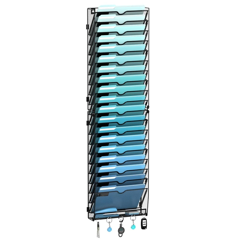 JMHUD 20-Tier Wall File Organizer with 5 Hooks, Hanging Mail Organizer Wall Mounted File Holder, Magazine Rack for Papers, Folders, Magazines, Office Organization, Assembly Needed, Black