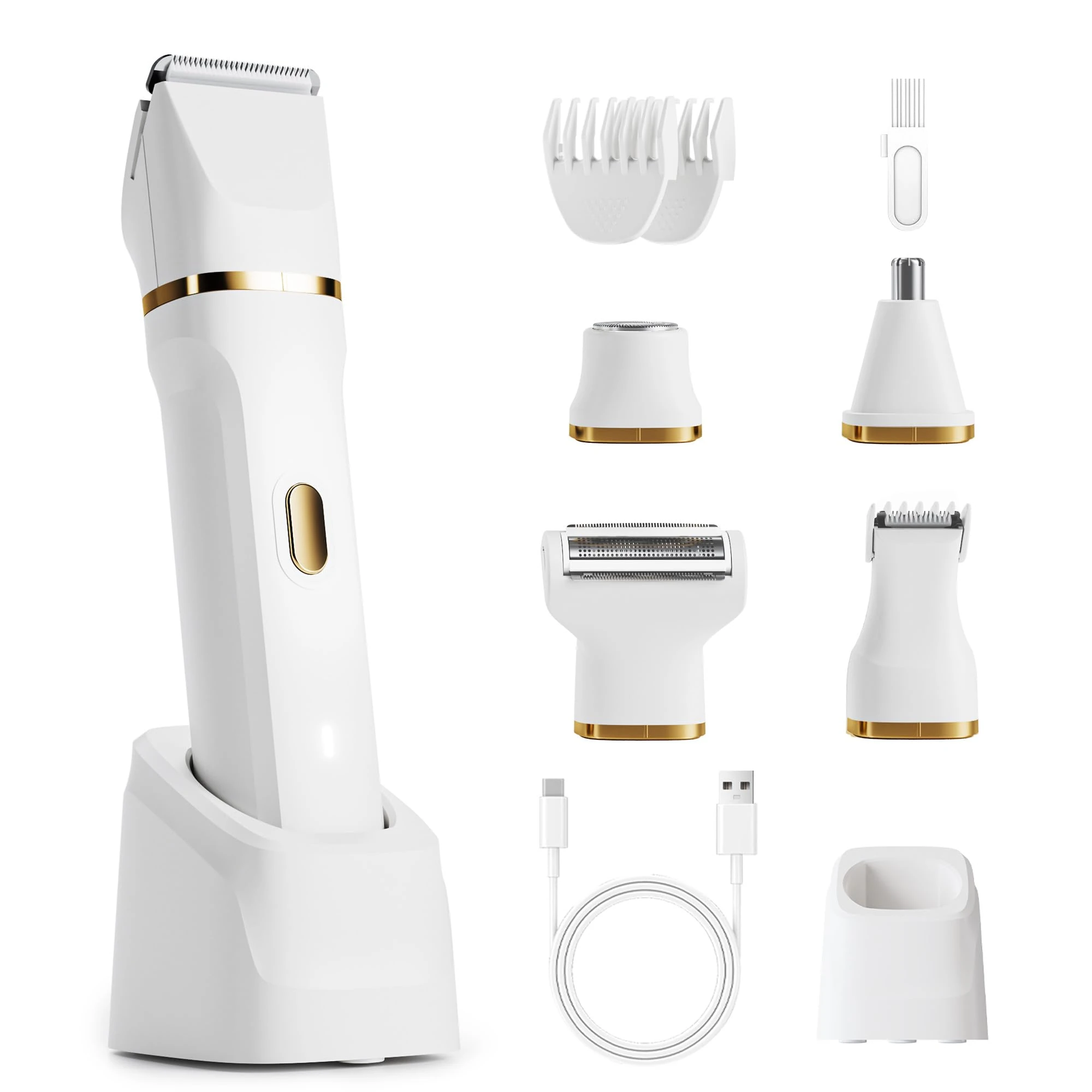 jianyana Lady Shavers for Women, 5-in-1 Bikini Trimmer Women, IPX7 Waterproof Electric Razor for Women Wet and Dry, Pubic Hair Trimmer Rechargeable for Face Legs Underarm Nose and Eyebrow