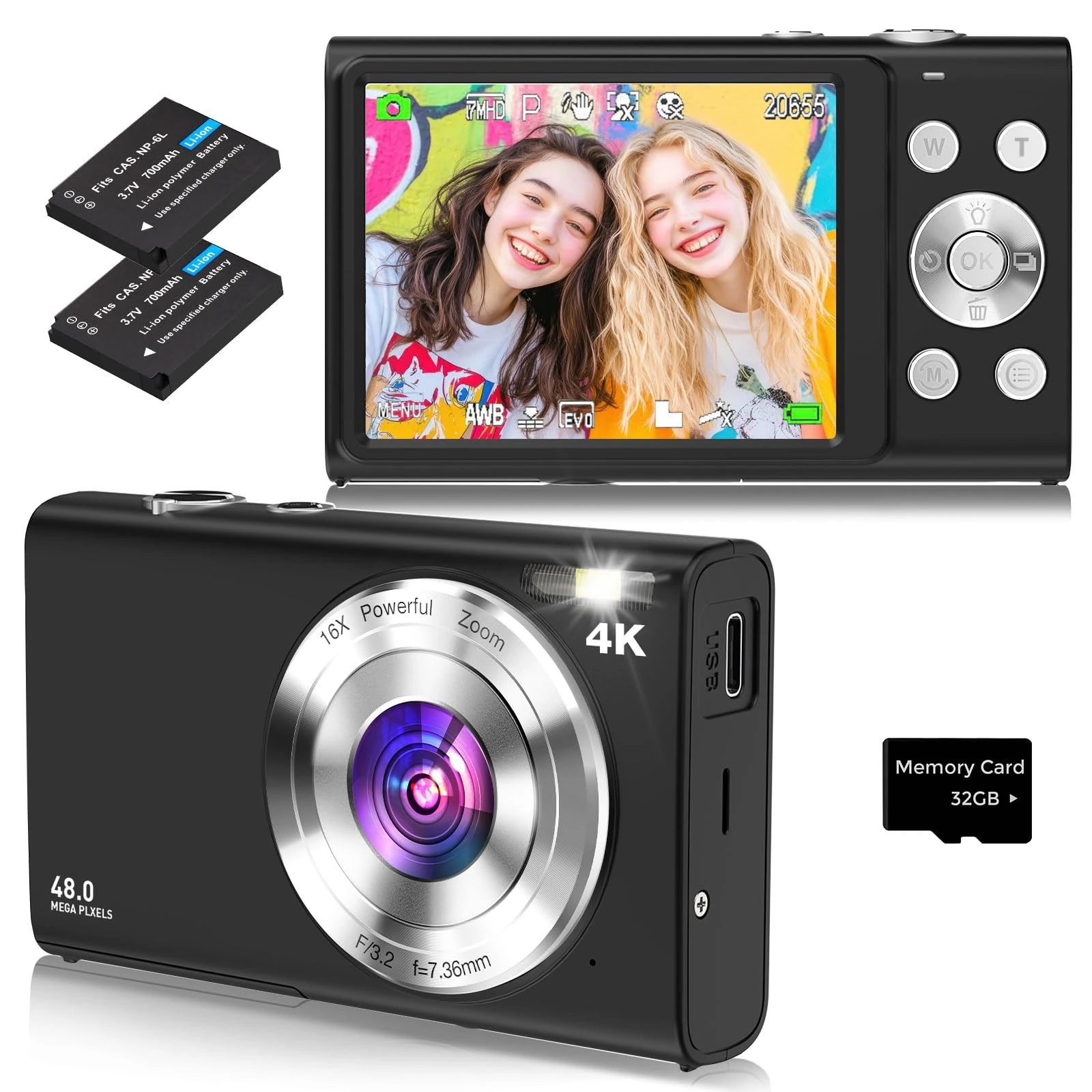Digital Camera, 4K Autofocus Compact Camera with 32G SD Card HD 48MP with 2.8" Large Screen, 16X Digital Zoom, Portable Mini Camera for Photography, Suitable for Kids,Adult,Beginners（Black）