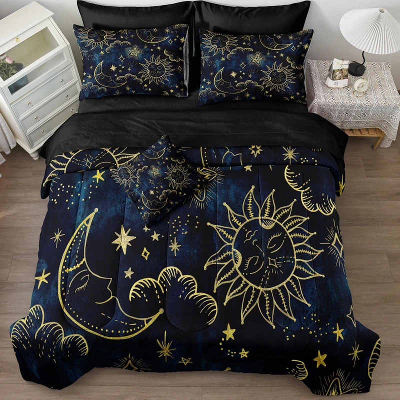 Merryword 8 Pieces Universe Bed in a Bag Sun and Moon Comforter Set King Size Galaxy Bedding Blue Gold Moon Star Pattern Bohemian Gothic Comforter Set for Boys Girls Women