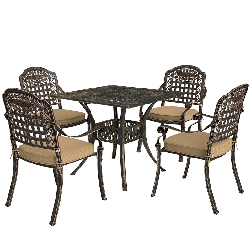 Outsunny 5 Pieces Cast Aluminium Garden Dining Set, 4 Seater Garden Table and Chairs with Parasol Hole, Outdoor Garden Furniture Set with Cushions for Patio, Bronze Tone