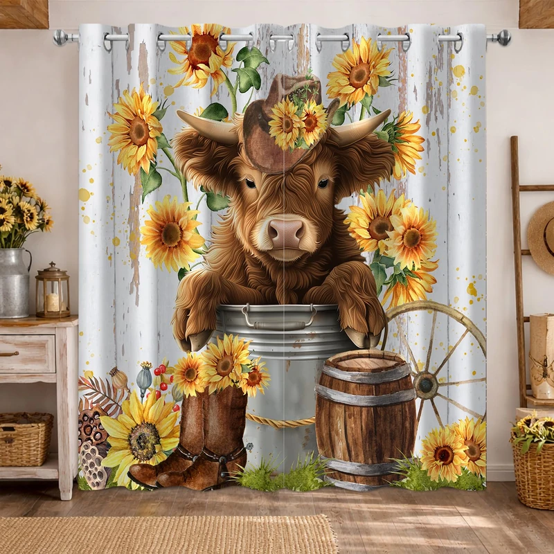 Sokdcam Cute Highland Cow Blackout Curtains for Bedroom Living Room, Highland Cattle Animal Western Farmhouse Sunflower Home Decor Curtains Darkening Grommet Window Treatments 2 Panels Set, 52"x84"