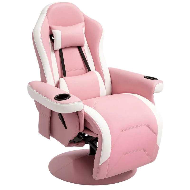HOMCOM Reclining Gaming Chair, 360° Swivel Racing Video Gaming Manual Recliner with Footrest, Headrest and Cup Holder, PU Leather Armchair with Storage Pocket, Pink