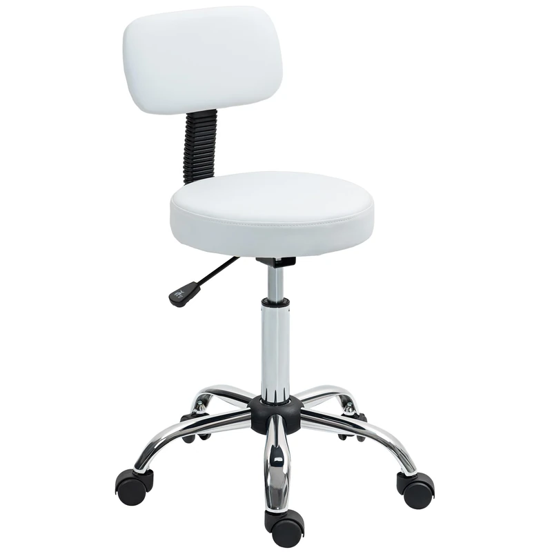 HOMCOM Height Adjustable Rolling Stool with Backrest, Salon Stool Chair with Wheels, Faux Leather Swivel Task Chair for Tattoo, Massage, Facial, Spa, Home Kitchen, White