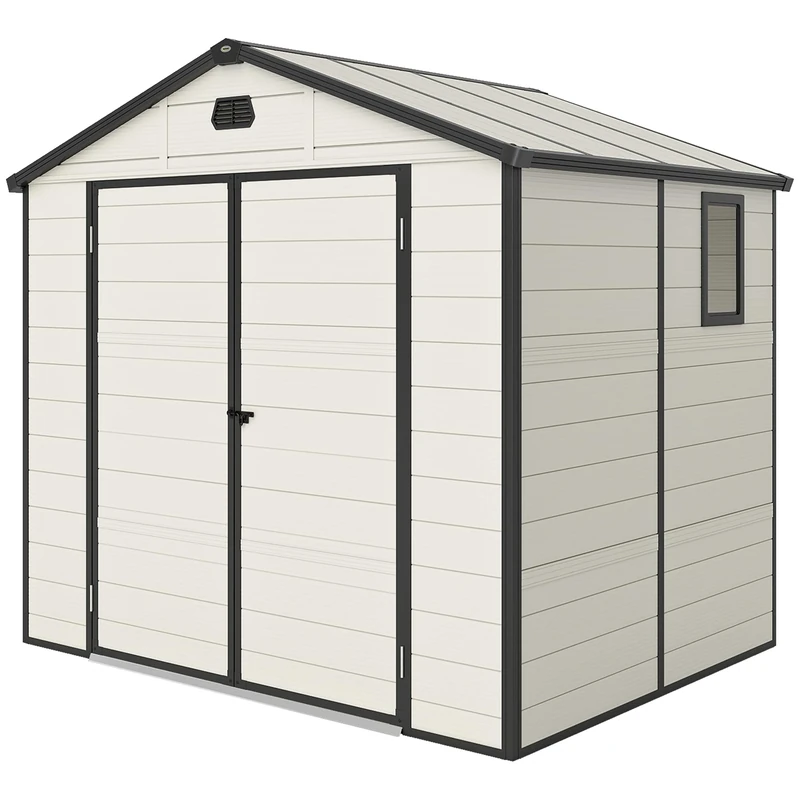 Outsunny 8 x 6ft Plastic Garden Storage Shed with Foundation Kit, Polypropylene Outdoor Storage Tool House with Ventilation Slots and Lockable Door, Cream White