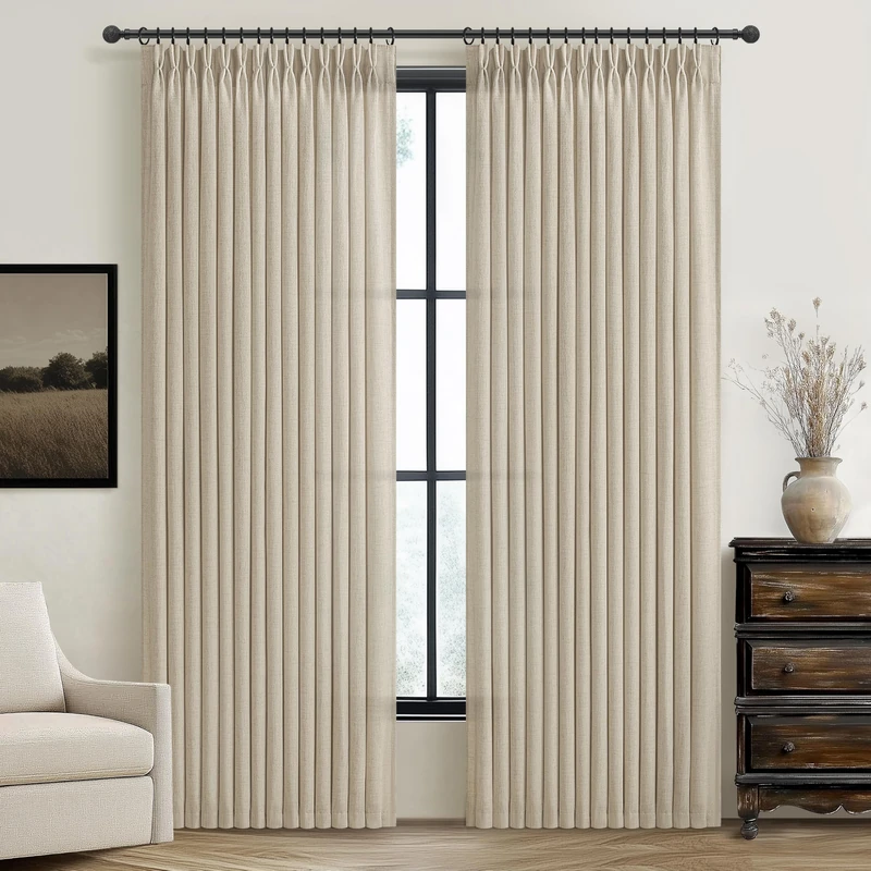 Warm Beige Flax Linen Memory Trained Pinch Pleated Sheer Curtains 90 Inches Long for Bedroom, Rustic Country Dark Taupe Light Filtering for Office Sunroom Large Window Drapes Thick Burlap 2 Panels Set