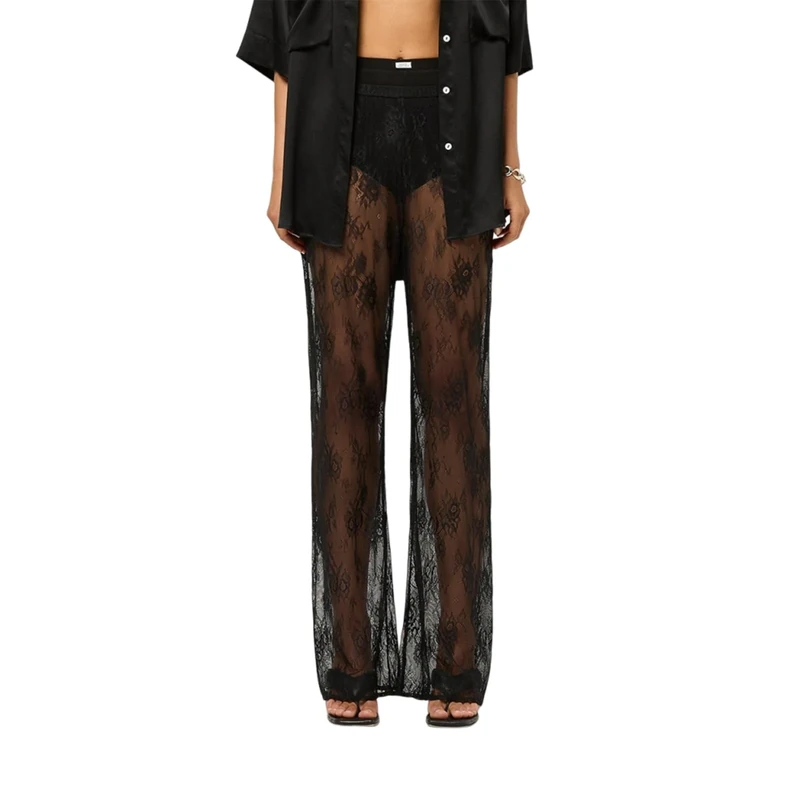 LYSINK Women Lace Flare Pants Hollow Out Sheer Mesh Cover Up High Waist Bell-Bottoms Trousers Gothic Punk Hippie Streetwear (Bd Black, S)