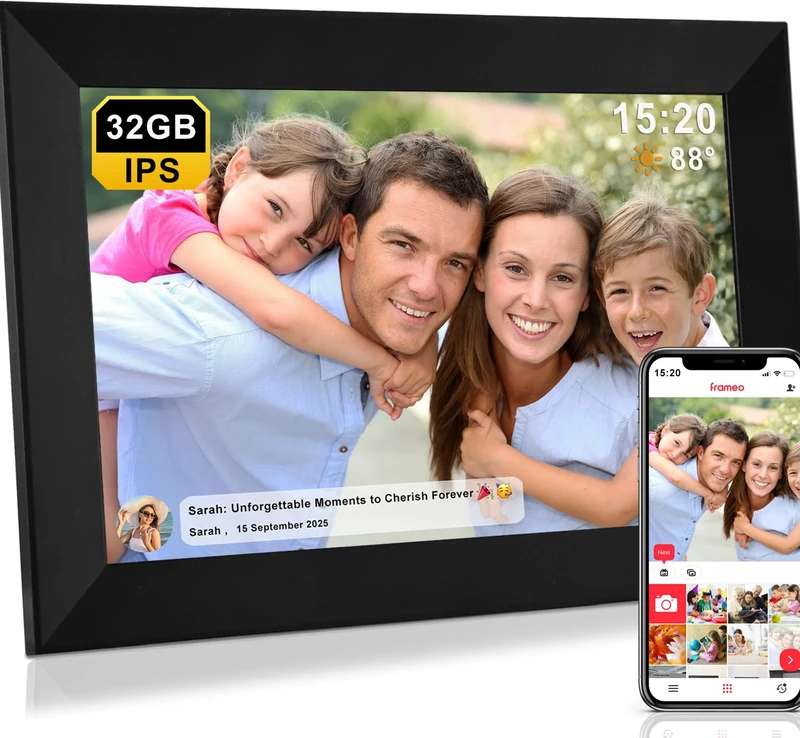 FRAMEO WiFi Digital Photo Frame 10.1 Inch- Large 32Gb Memo | 1280x800 HD IPS Touch Screen | Weather Temperature Forecast | Time Clock | Slideshow | Share Photos/Videos via the Frameo App