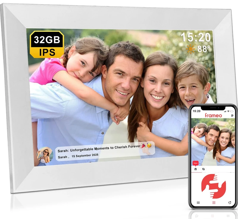 FRAMEO WiFi Digital Photo Frame 10.1 Inch- Large 32Gb Memo | 1280x800 HD IPS Touch Screen | Weather Temperature Forecast | Time Clock | Slideshow | Share Photos/Videos via the Frameo App