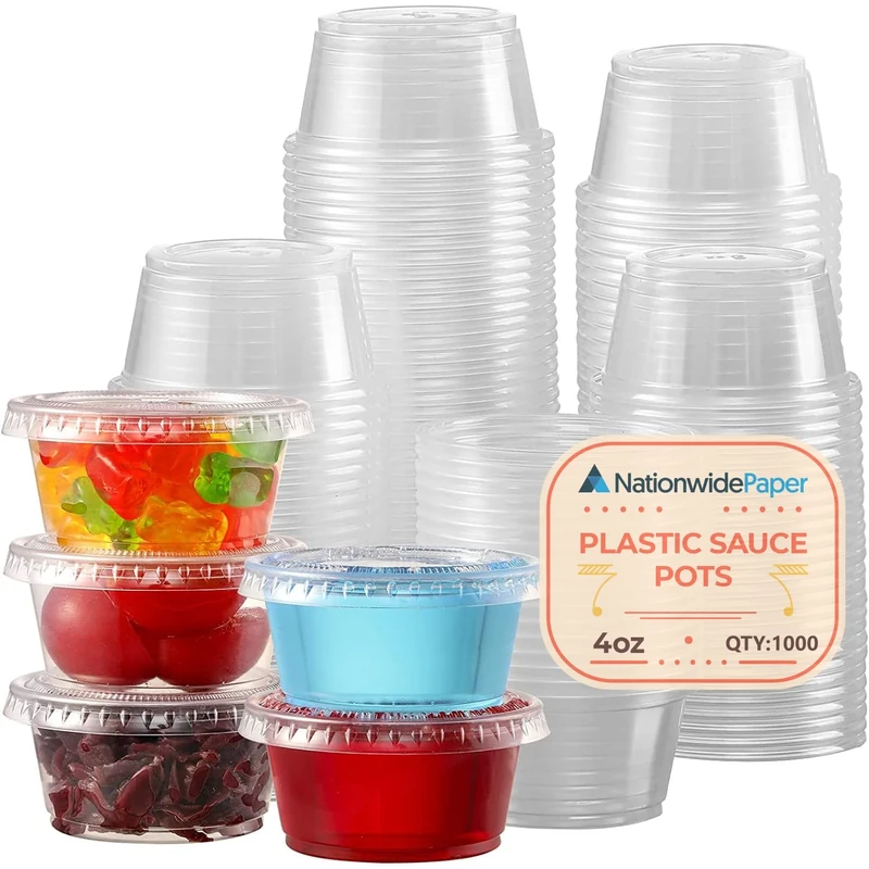 Nationwide Paper 4oz 1000pcs Clear Plastic Sauce Pots with Airtight lids, Leakproof, Small Plastic Jelly Pots, Deli Pots for Dip, Ketchup, Chutney, and Sauces (118ml)