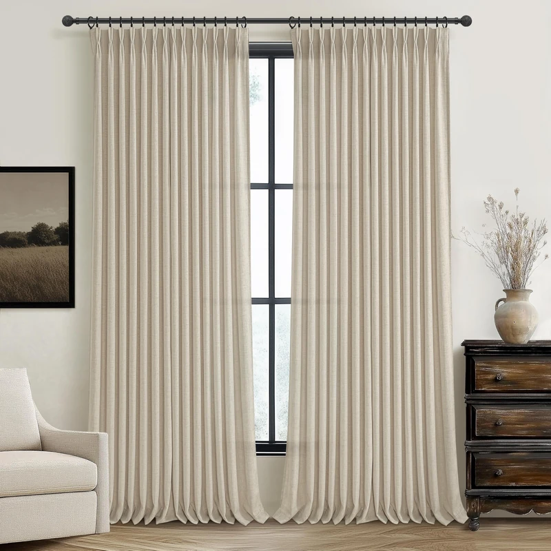 Floor to Ceiling Light Flax Linen Curtains 120 Inches Long 2 Panels Set for Patio Sliding Door 2 Panels Set, Elegant Memory Shape Pinch Pleated Warm Beige Sheer Curtain Light Filtering for Dining Room