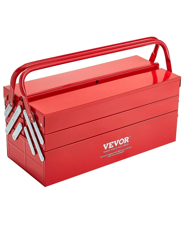 VEVOR Metal Tool Box, 18-inch, 3-Tier 5-Tray Portable Folding Tool Chest Organizer with Handle & Lock Hole, Powder Coated Steel, Cantilever Toolbox for Household Factory Warehouse Repair Shop, Red