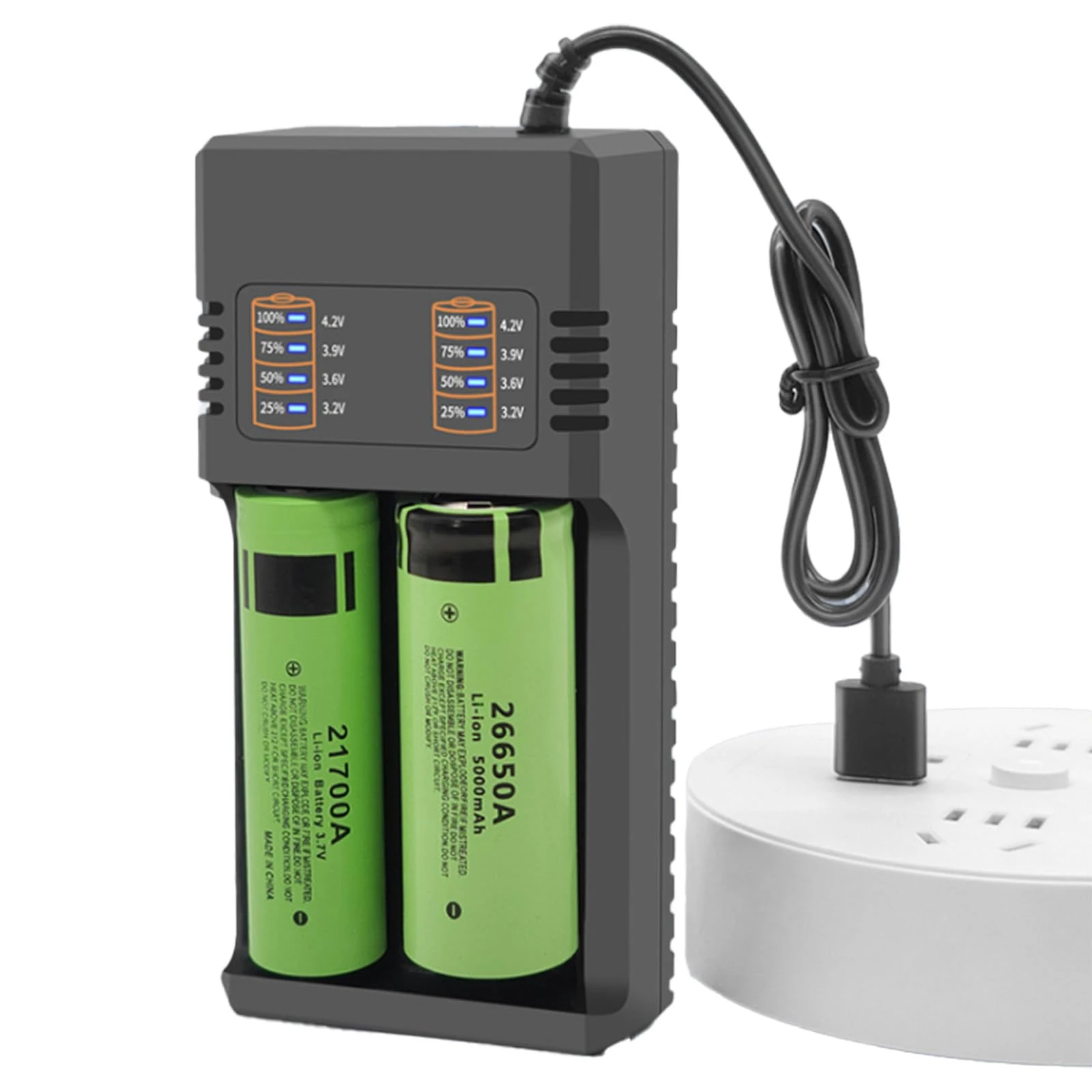 18650 Battery Charger - Universal Fast USB Charger for 3.7V Li-ion & 1.2V Batteries (18650, 21700, 26650, 14500, 16340, 18350) - Dual Slot Smart Charger with USB Cable (Black)