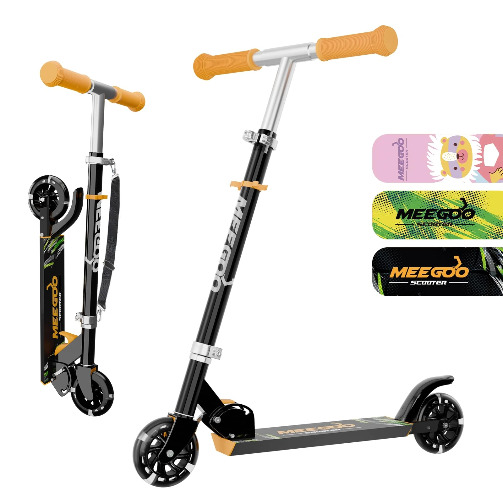 MEE GOO Scooter for Kids Ages 3+, 2 Wheels Light Up Gift Scooters for Girls Boys, Easy Folding Kids Scooter with 3 Levels Adjustable Handlebar and Rear Brake (Black)