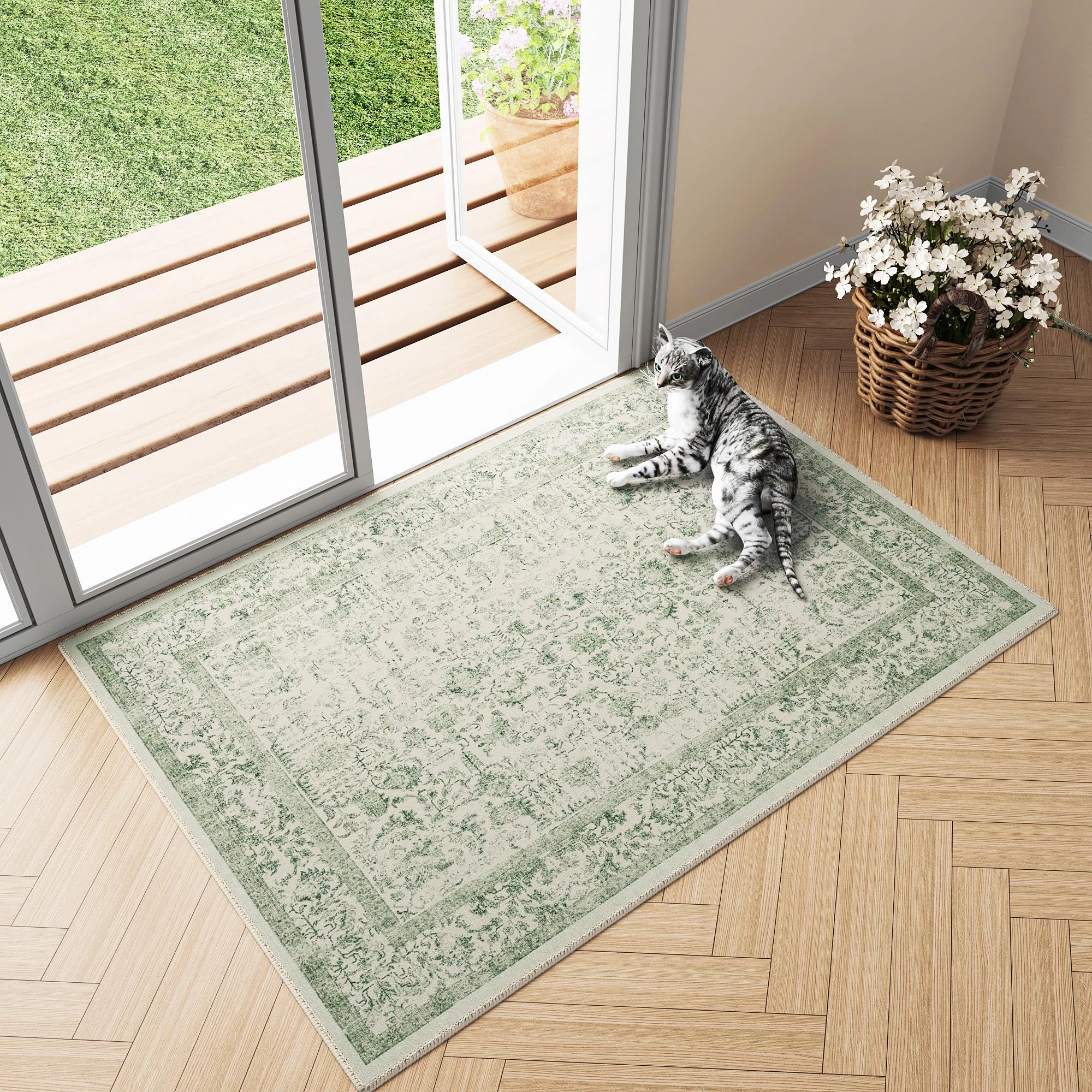 HUGEAR Vintage Green Door Mat Washable Non Slip Rugs Small Area Rug 60x90cm Doormat Outdoor Bedroom Kitchen Lounge Bedside Office Indoor Carpet Low Pile Carpets