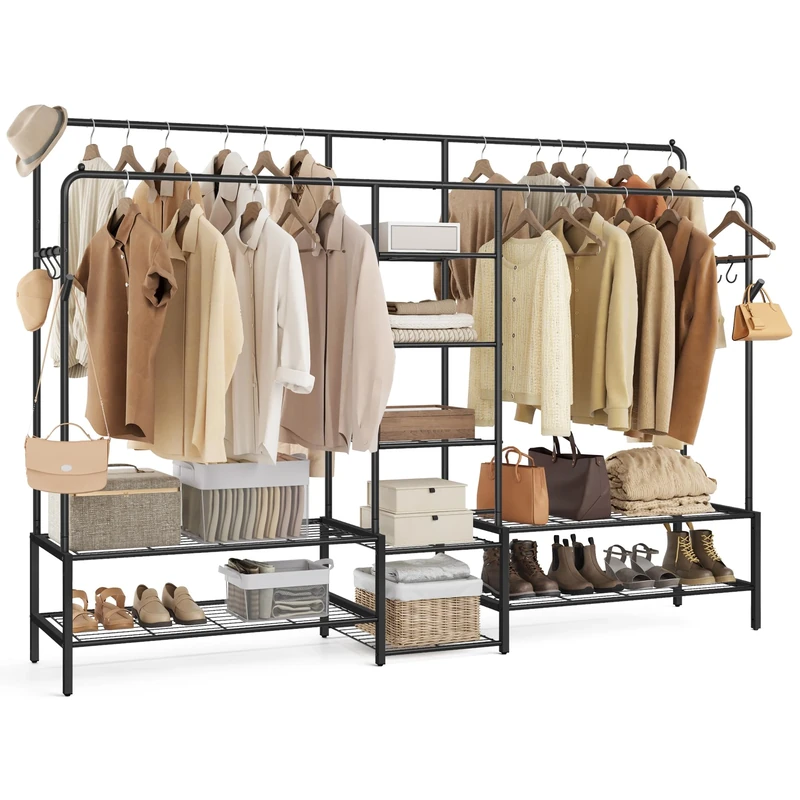SONGMICS Clothes Rack, Open Waedrobe, Metal Coat Rack with 9 Shelves, Hanging Rods, for Bedroom, Living Room, Hallway, Black HSR183B01