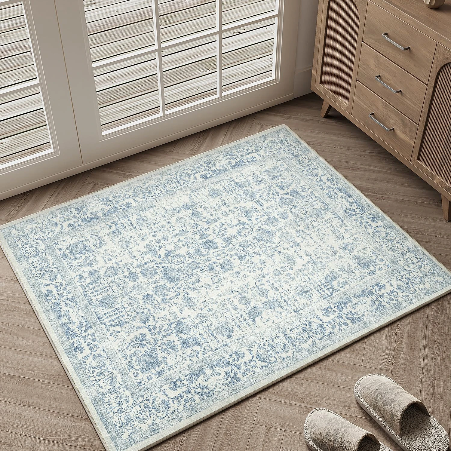 HUGEAR Vintage Blue Door Mat Washable Non Slip Rugs Small Area Rug 60x90cm Doormat Outdoor Bedroom Kitchen Lounge Bedside Office Indoor Carpet Low Pile Carpets