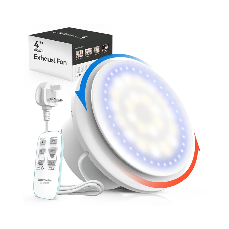 SBONNI Bathroom Extractor Fan with Remote Control, 11 Lighting Effects, 6 Speeds, 2-Way, Status Indicator, Smart Memory, Silent Powerful Ventilation Fan, Shower Attic Window Wall Ceiling 100mm 4 Inch