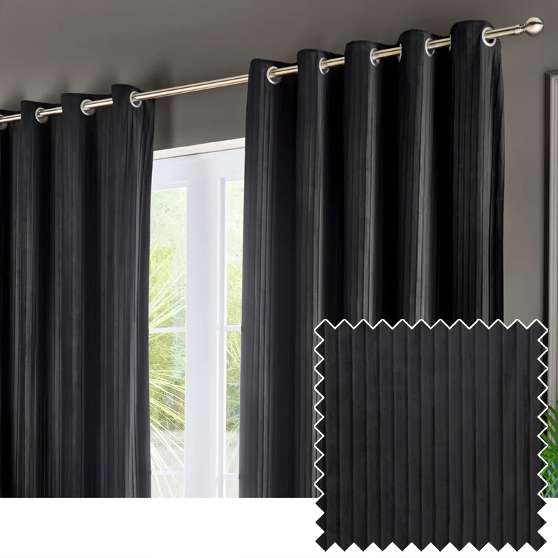 Paoletti Corinthian Velvet Eyelet Curtain Pair - Black - 229x137cm