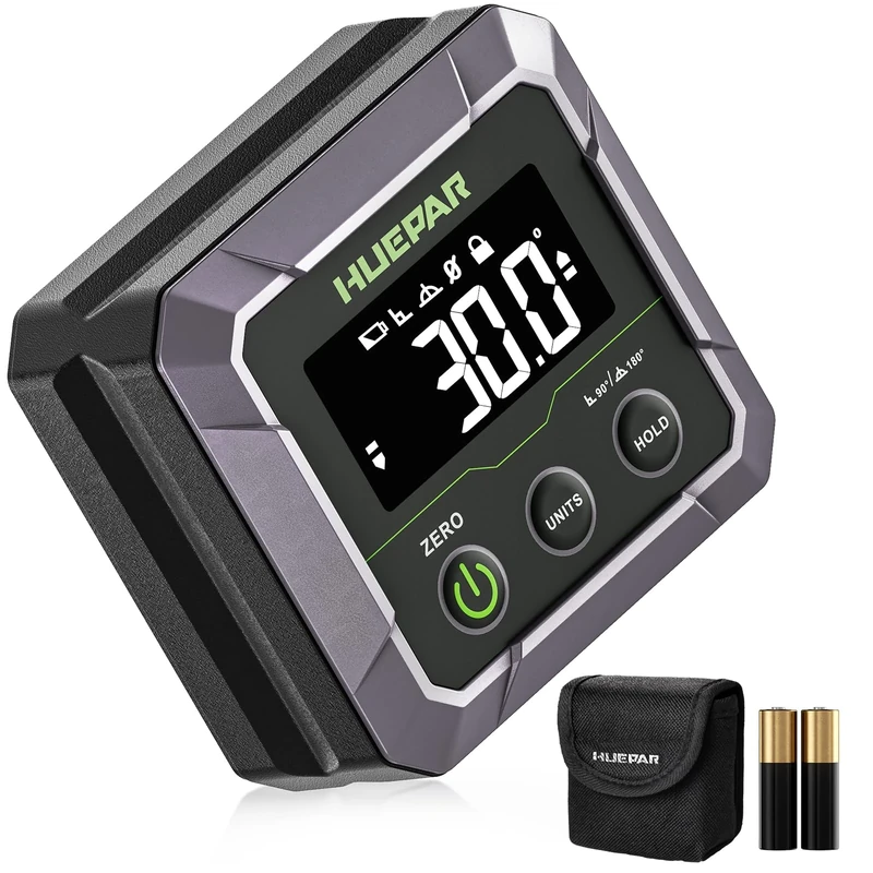 Digital Angle Finder, Huepar Angle Finder Professional Digital Level Box Strong Magnetic Base with VA LCD Display for Table Saw Blade, Woodworking, Bend Pipes Etc.