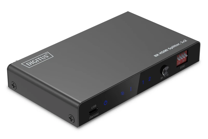 DIGITUS DS-55339 HDMI Splitter 1x2 - Input: 1-port/Output: 2-port - UHD 8K/60 Hz HDTV: 7680 × 4320p - HDCP 2.3 & HDMI 2.1 - HDR, Deep Color, EDID switch - Toslink, Stereo (3.5 mm)