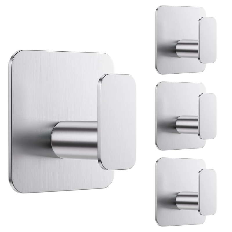 Aikzik Large Self Adhesive Hooks 4 Pack, Over 10kg Load - Stick on Hooks Heavy Duty Stainless Steel, Strong Sticky for Hanging Towel, Coat, Robe, Tea Towel Holder on Bathroom, Kitchen, Door and Wall