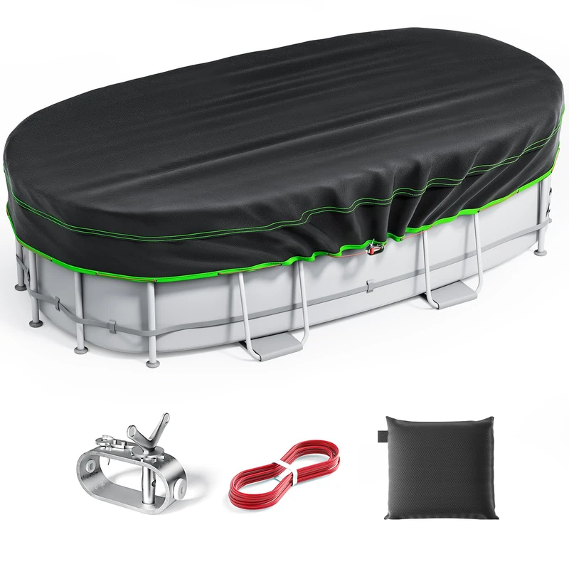 16x25 Ft Oval Pool Cover - Heavy Duty Solar Rectangular Pool Cover Protector, Waterproof & Tear-Resistant with Winch & Cable, Ideal for Winter & Dustproof Use