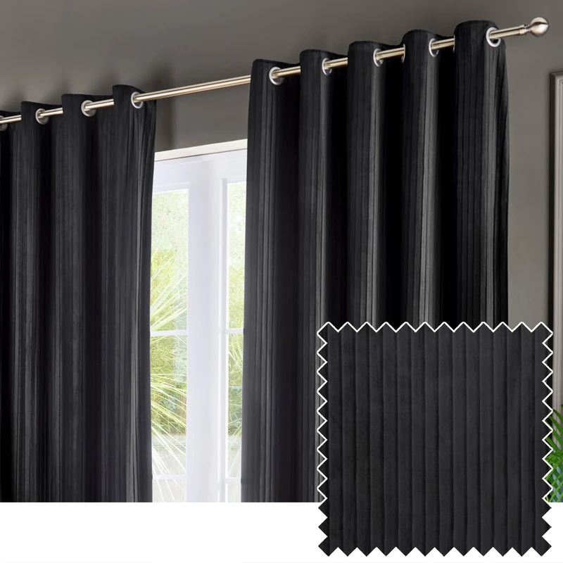 Paoletti Corinthian Velvet Eyelet Curtain Pair - Black - 168x229cm
