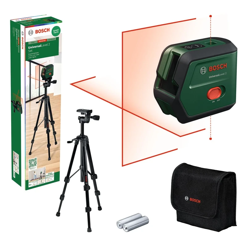 Bosch Cross line Laser UniversalLevel 2 with Tripod (Laser Cross incl. Integrated Plumb Points for Precise Alignment and Easy Application Transfer, in Cardboard Box)