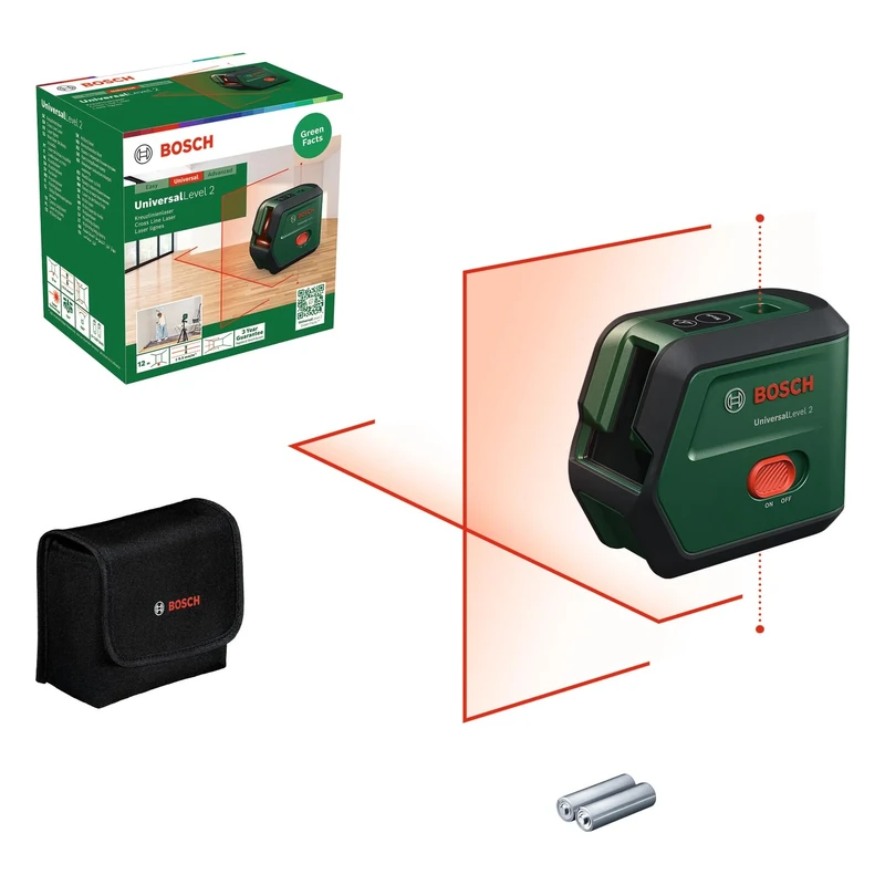 Bosch Cross line Laser UniversalLevel 2 (Laser Cross incl. Integrated Plumb Points for Precise Alignment and Easy Application Transfer, in Cardboard Box)
