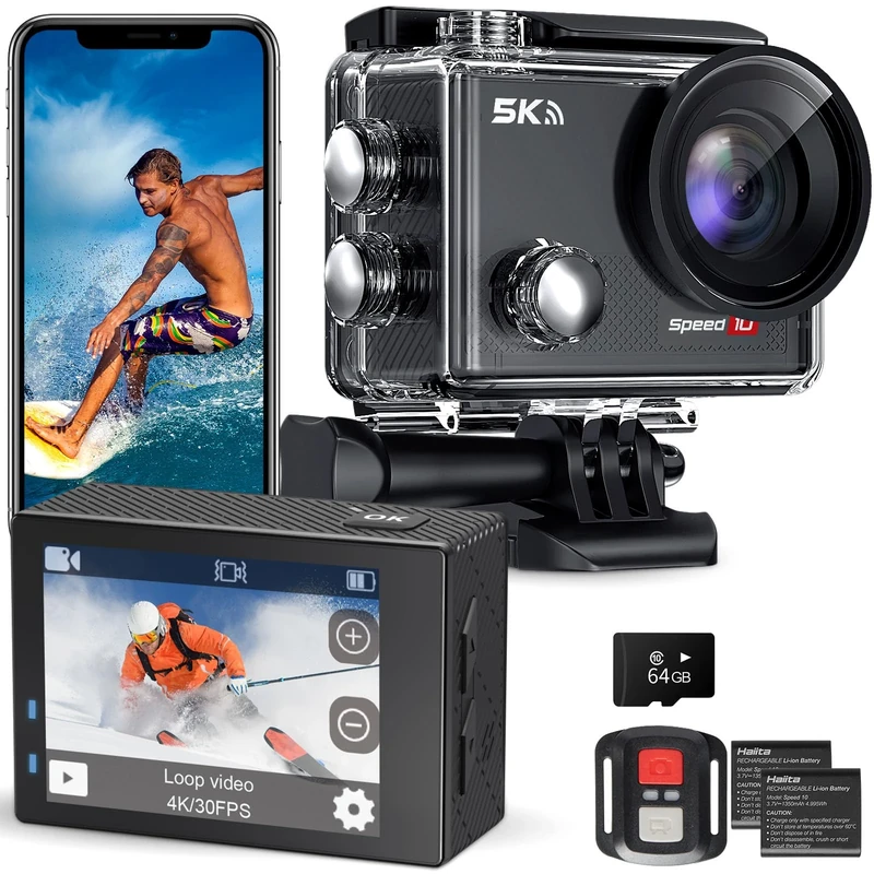 Hiicam Action Camera 5K 30FPS Waterproof Camera Underwater 131FT with EIS WiFi App Remote Control 64GB Card 170° Wide Angle Sports Helmet Bike Video Black with 64GB Card