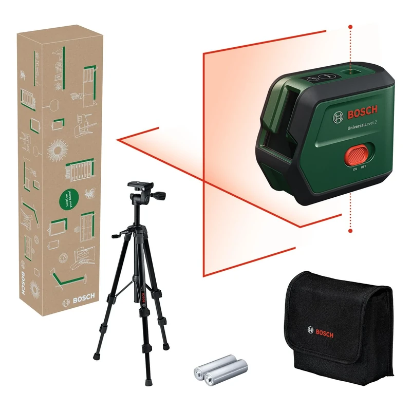 Bosch Cross line Laser UniversalLevel 2 with Tripod (Laser Cross incl. Integrated Plumb Points for Precise Alignment and Easy Application Transfer, in E-Commerce Cardboard Box)