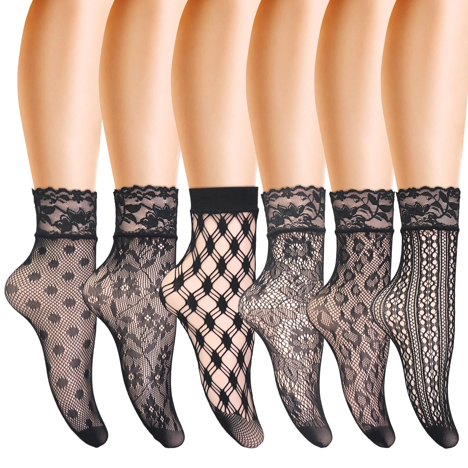 Vokmon 6 Pairs Black Fishnet Lace Ankle Socks - Ladies Fashion Pop Socks for Women