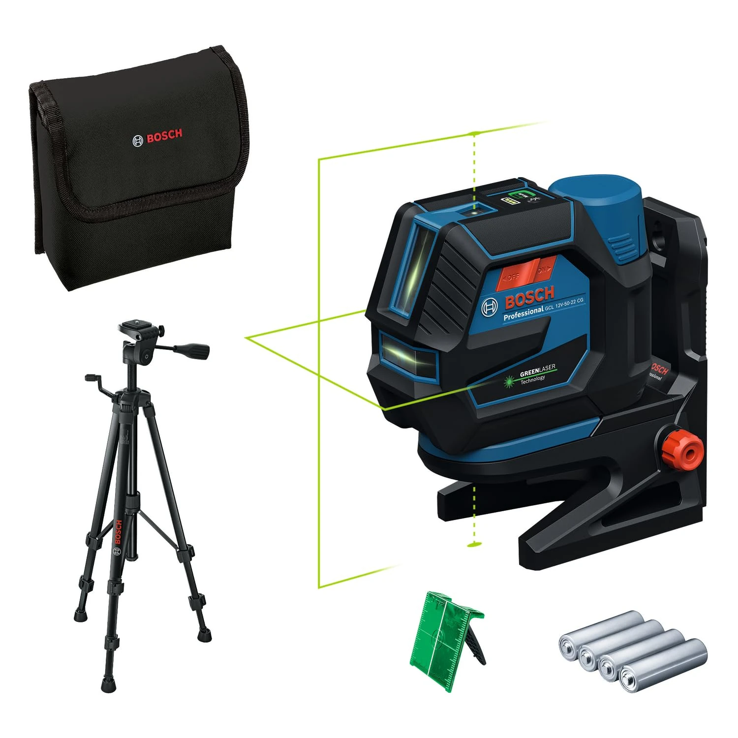 Bosch Professional Combi Laser GCL 12V-50-22 CG (Working Range up to 50 m with Receiver, Dual Power Source, Levelling Remote app, RM 20 Mount, Battery Adapter, 4 x 1,5V LR6 (AA), Pouch, BT 150)