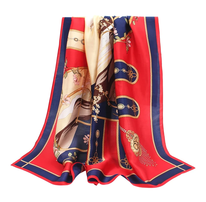 ANDANTINO 100% Pure Mulberry Silk Scarf 35" Large Square Lightweight Headscarf –Women’s Hair Wraps-With Gift Packed, Red&navy Blue, Large