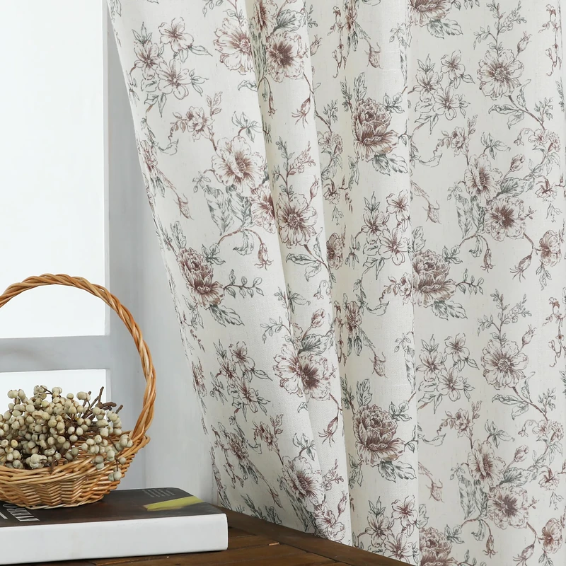 Brown Vintage Floral Farmhouse Curtains, Antique Linen Romantic Country Cottage Curtains for Living Room Bedroom, 50 Wide x 63 Inch Length, Taupe and Beige