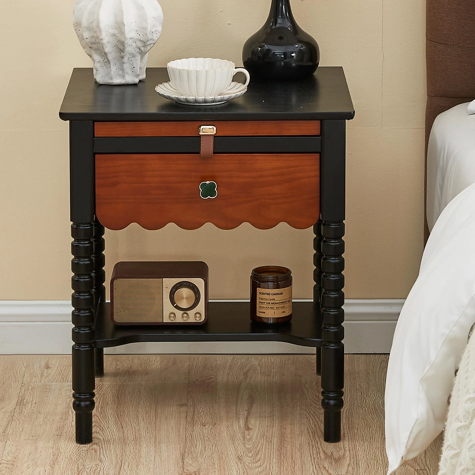 Uniclinens Solid Rubberwood Nightstand Bedside Table with Multi-Tier Storage, Modern Style End Side Table for Bedroom Living Room, Black-Walnut