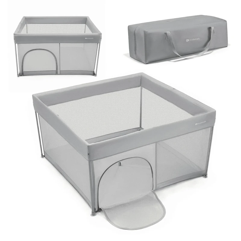 Kinderkraft ZIKI foldable playpen for babies and toddlers, quick folding, steel frame, breathable mesh sides, soft padded floor, zip side entrance, carry bag included, Grey