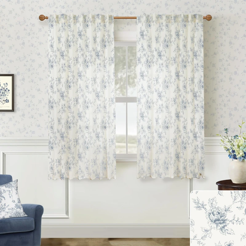 Lino Rosa Blue Sheer Curtains 63 Inch Length for Living Room,Sheer Floral Printed Nursery Curtains Baby Girl